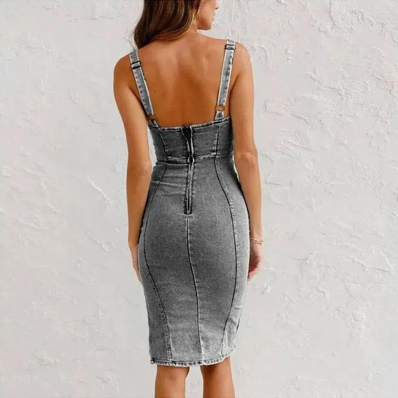 Adjustable strap U-neck split denim bodycon cami dress
