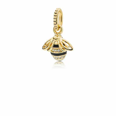 Bee 14k Gold Plated  pendant with black enamel and clear cubic zirconia