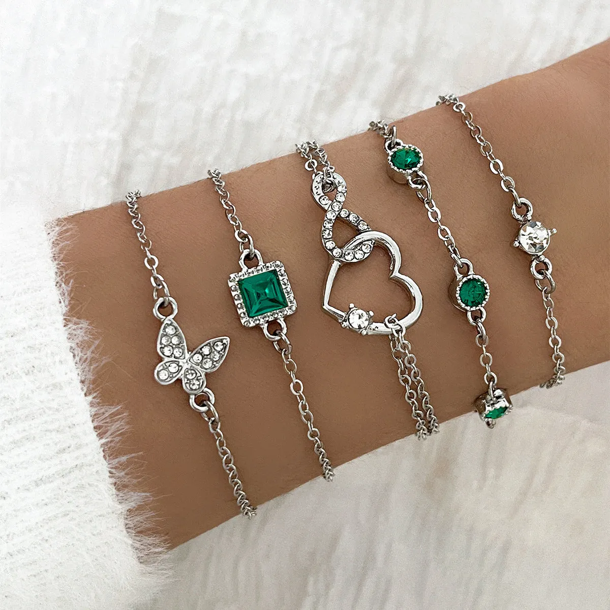 Bohemian 5pc Green Crystal Bracelets Jewelry Set For Women
