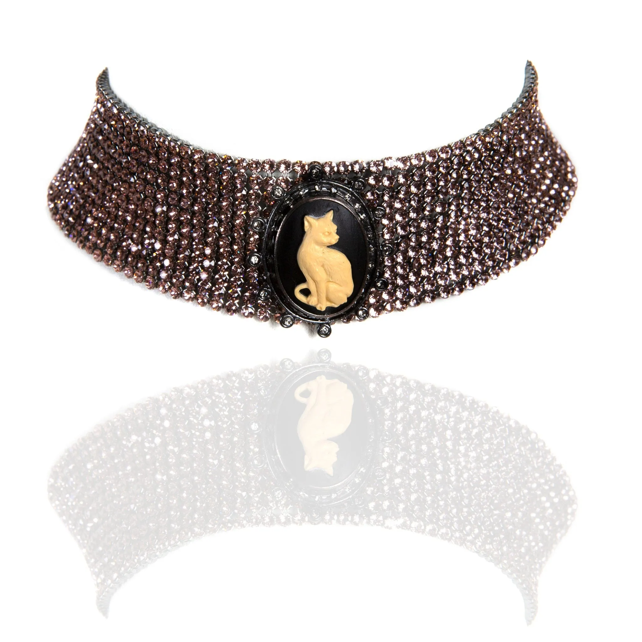 Cat Cameo Crystal Mesh Choker - Vintage Rose