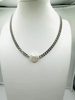 Cuban Link Choker with Center Pearl
