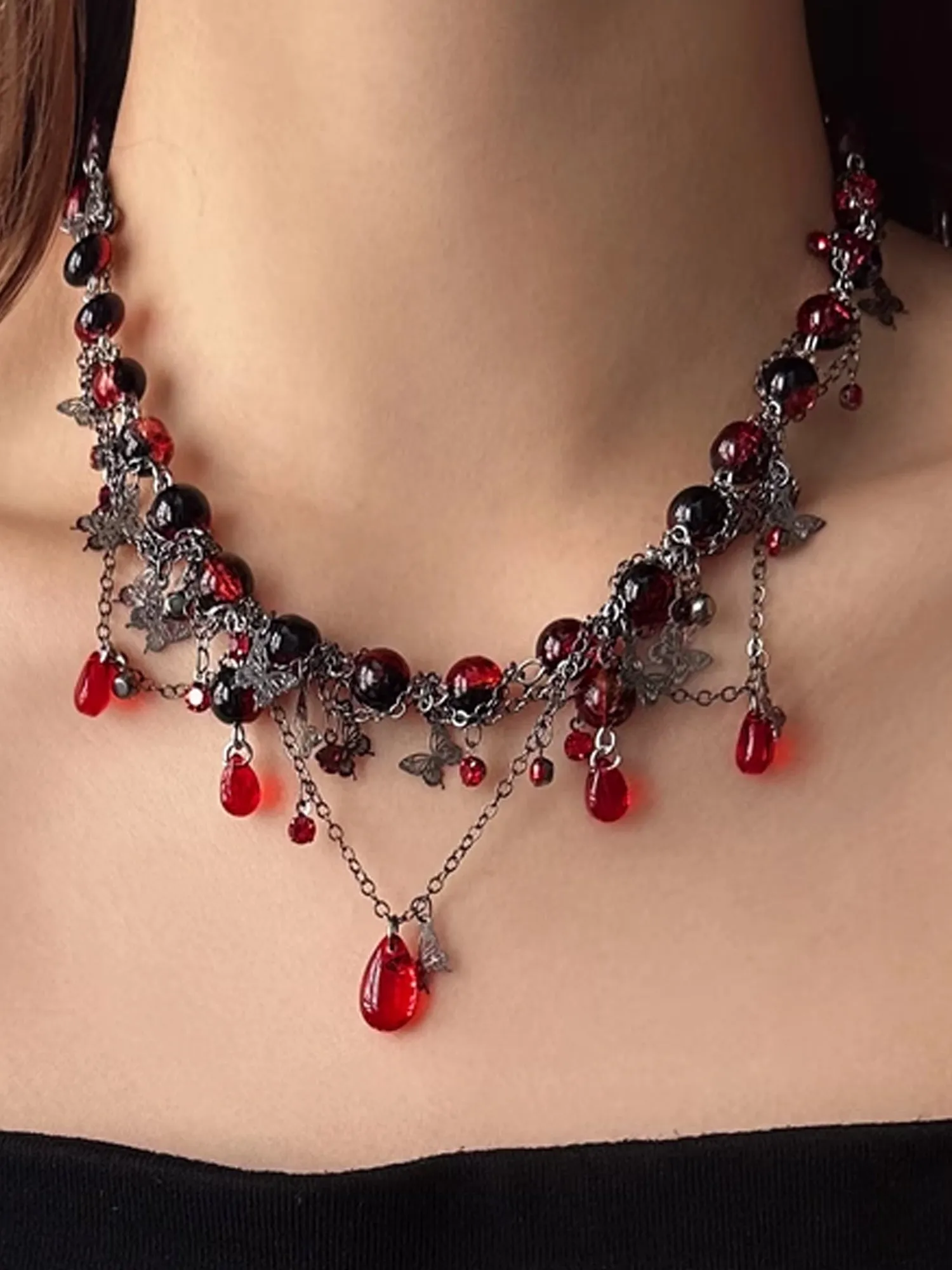 Dark Gothic Choker with Blood Red Beads & Butterfly Fringe Necklace NE007