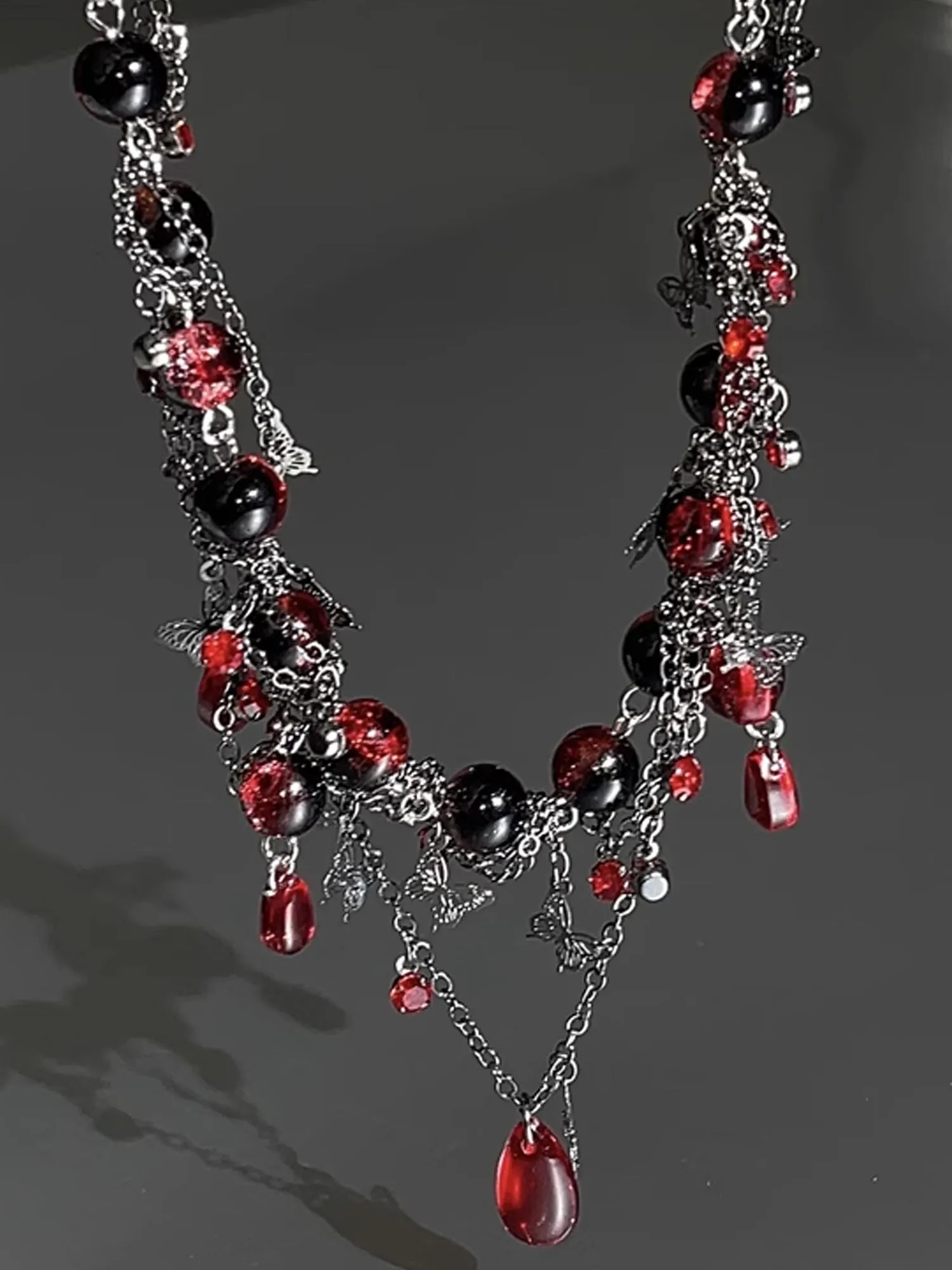 Dark Gothic Choker with Blood Red Beads & Butterfly Fringe Necklace NE007