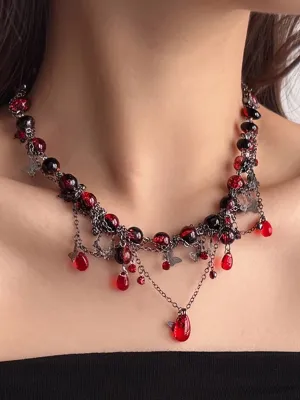 Dark Gothic Choker with Blood Red Beads & Butterfly Fringe Necklace NE007