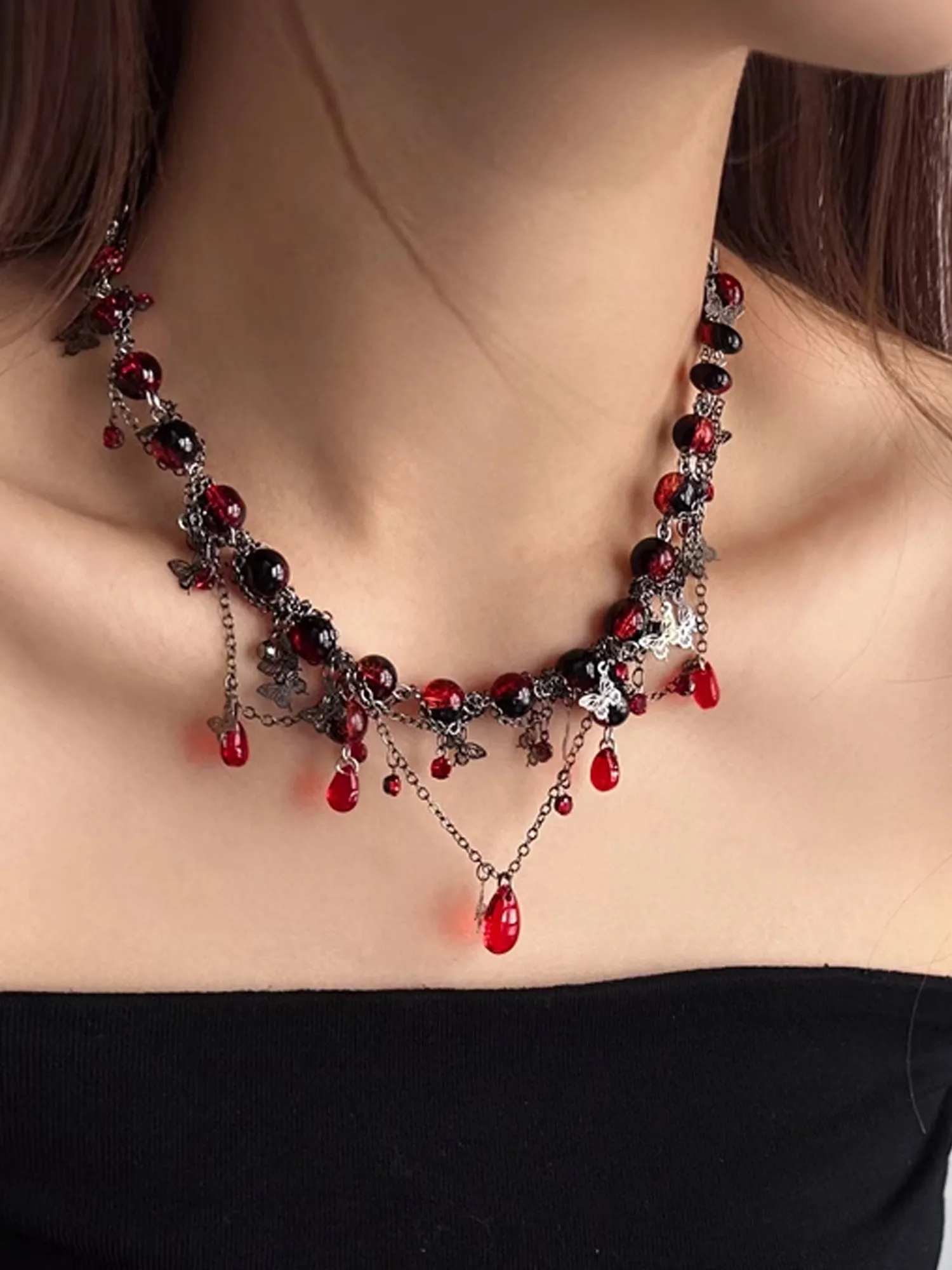Dark Gothic Choker with Blood Red Beads & Butterfly Fringe Necklace NE007