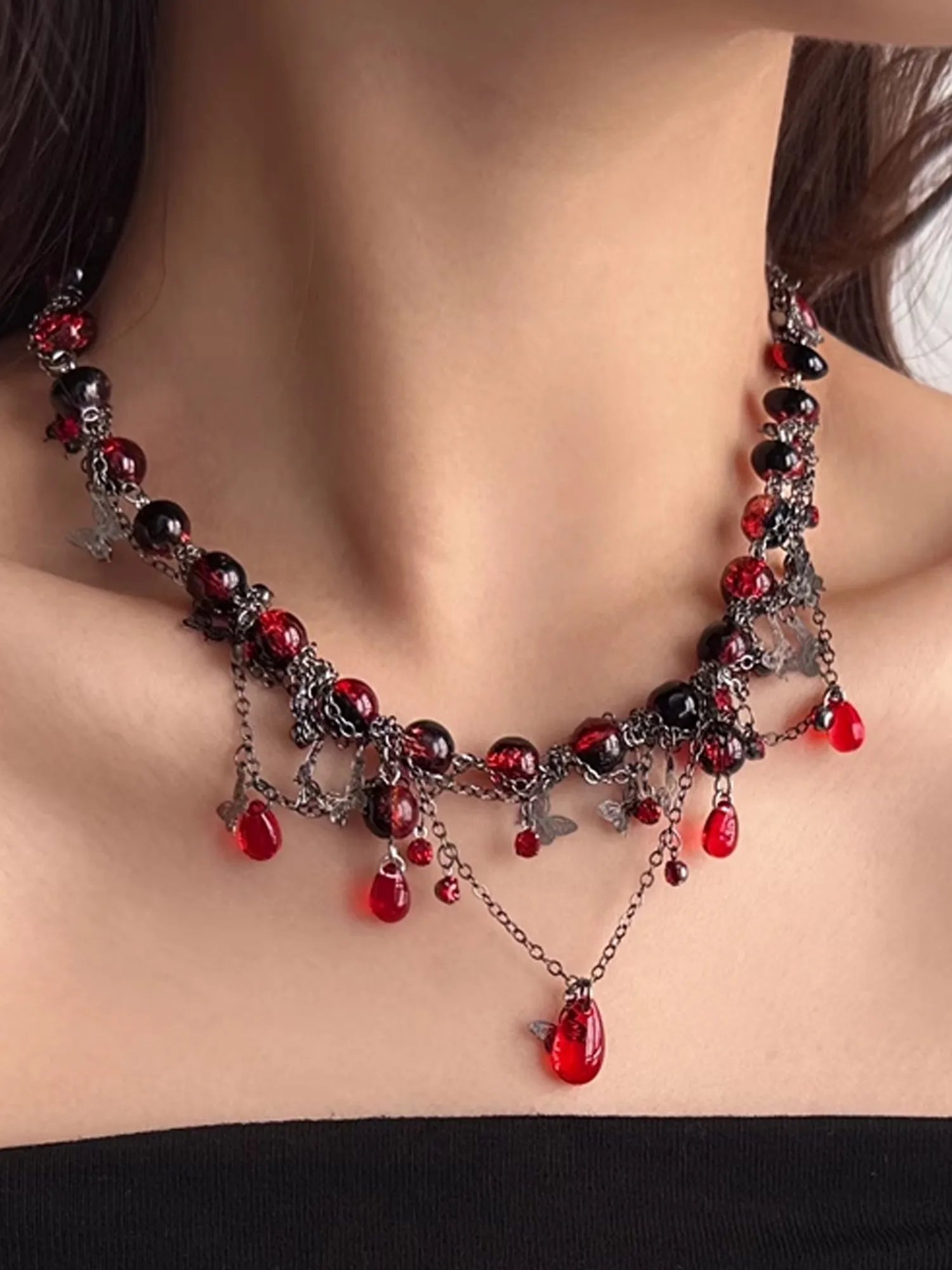Dark Gothic Choker with Blood Red Beads & Butterfly Fringe Necklace NE007