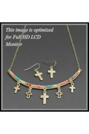 Divine Cross Duo Seed Bead Bar Necklace &amp; Earrings Set