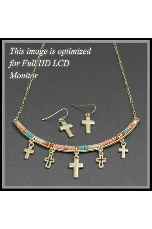 Divine Cross Duo Seed Bead Bar Necklace &amp; Earrings Set