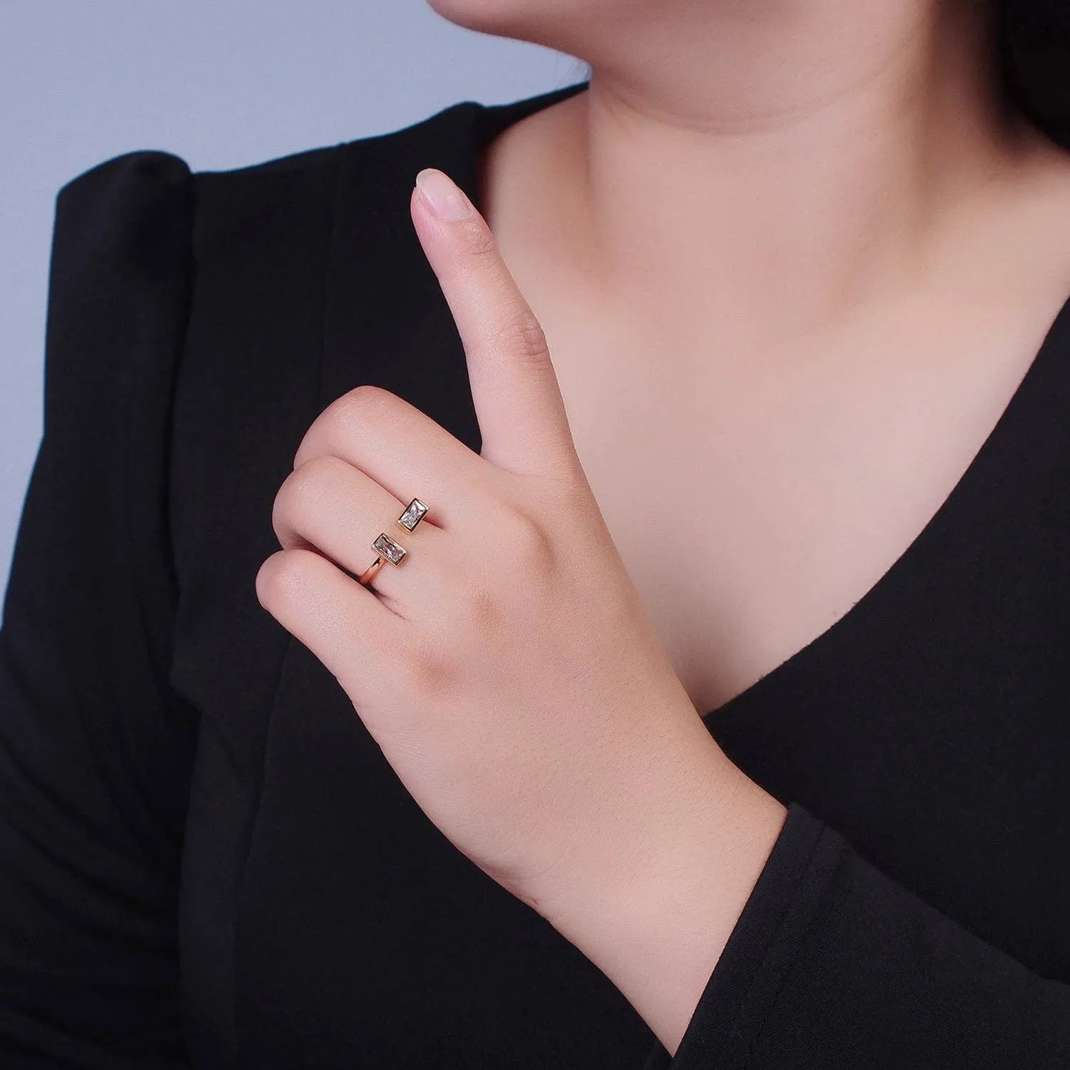 Gold Baguette Cubic Zirconia Adjustable Ring