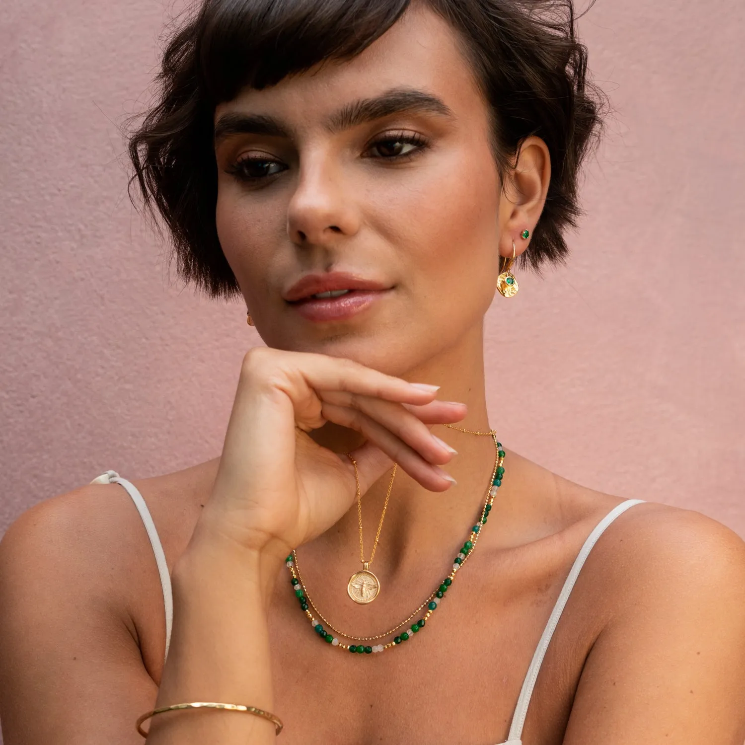 Hammered Disc & Green Garnet Array Drop Earrings