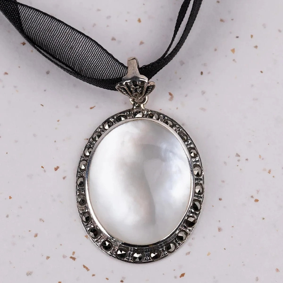 Jane Austen Mother of Pearl, Marcasite and Sterling Silver Persuasion Pendant