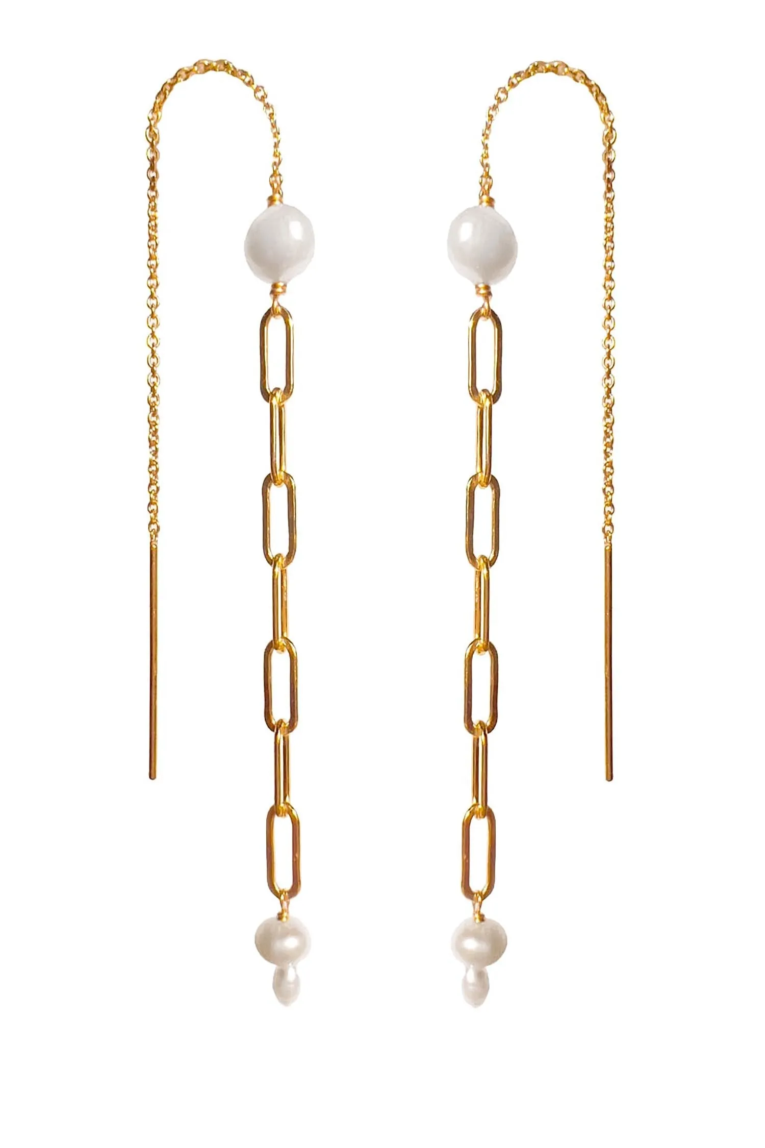 Mae Paperclip Chain and Pearl Threader Earrings in Gold
