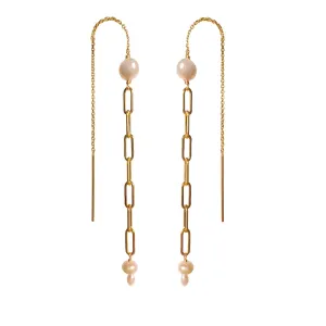 Mae Paperclip Chain and Pearl Threader Earrings in Gold
