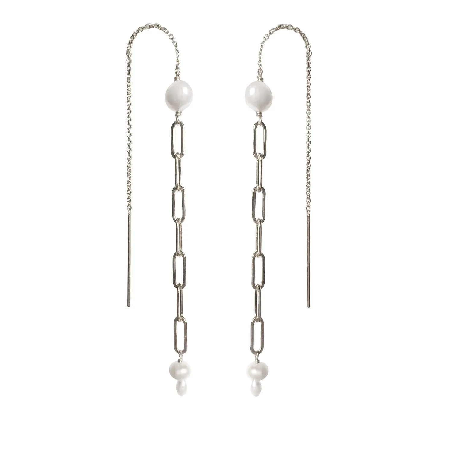 Mae Paperclip Chain and Pearl Threader Earrings in Silver