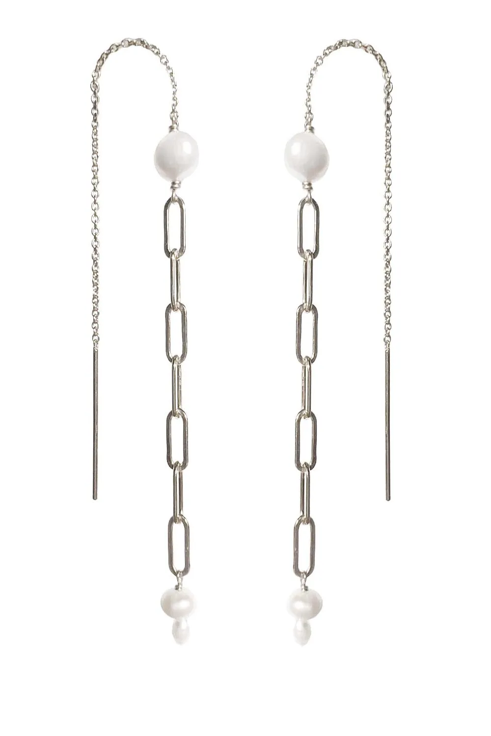 Mae Paperclip Chain and Pearl Threader Earrings in Silver