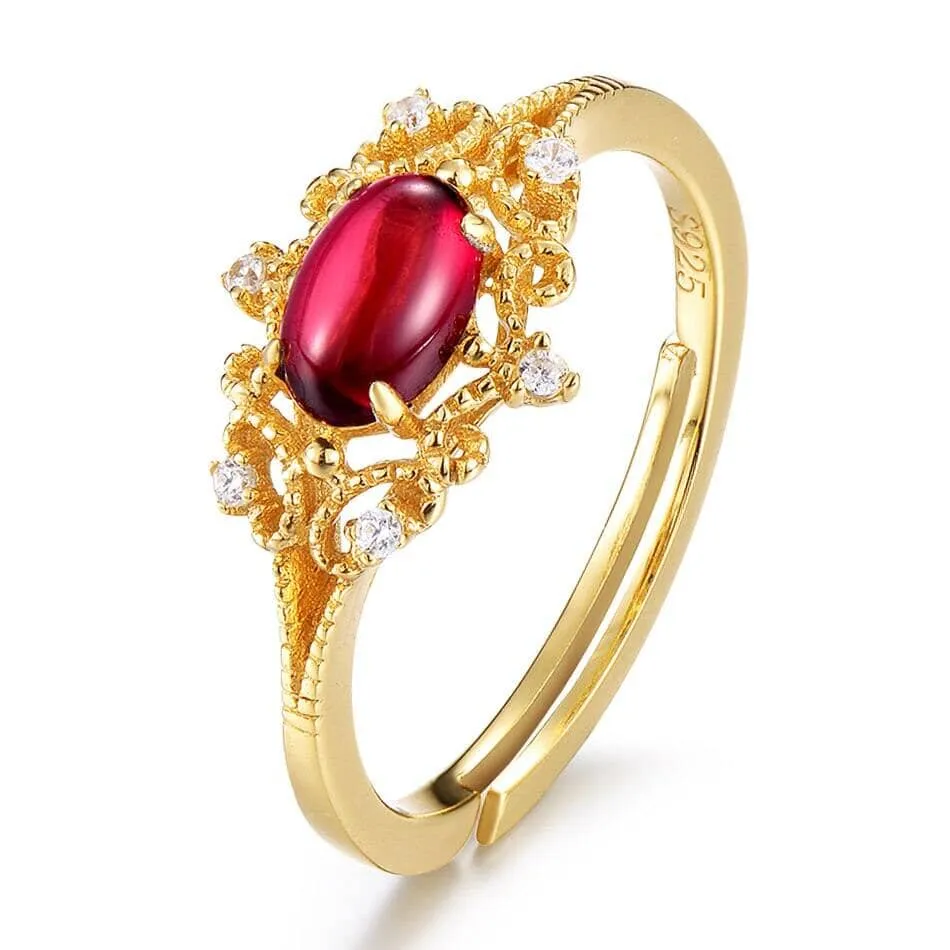 Natural Moissanite Garnet Gemstone Resizeable Ring - 925 Sterling Silver