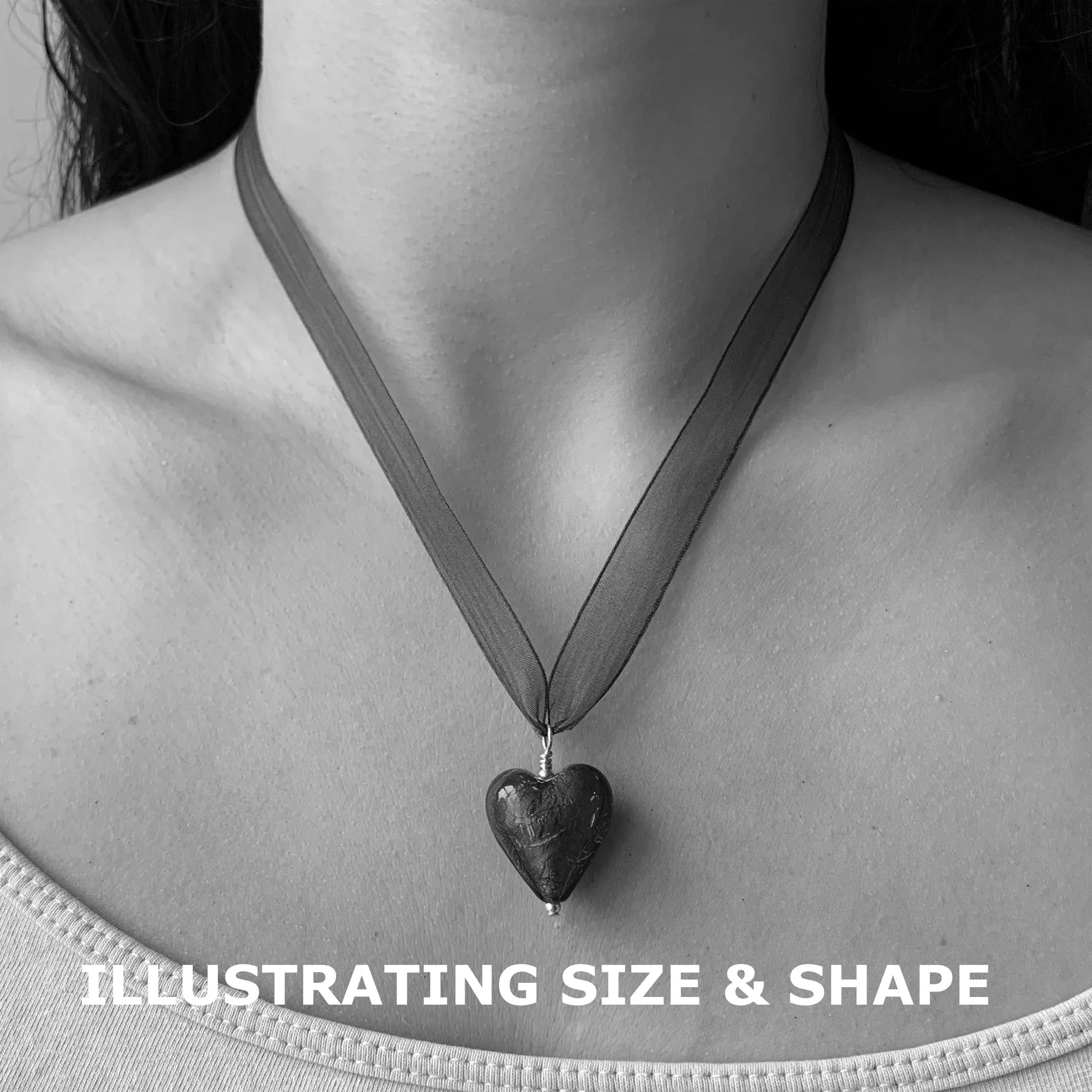 Necklace with black pastel Murano glass medium heart pendant on organza ribbon