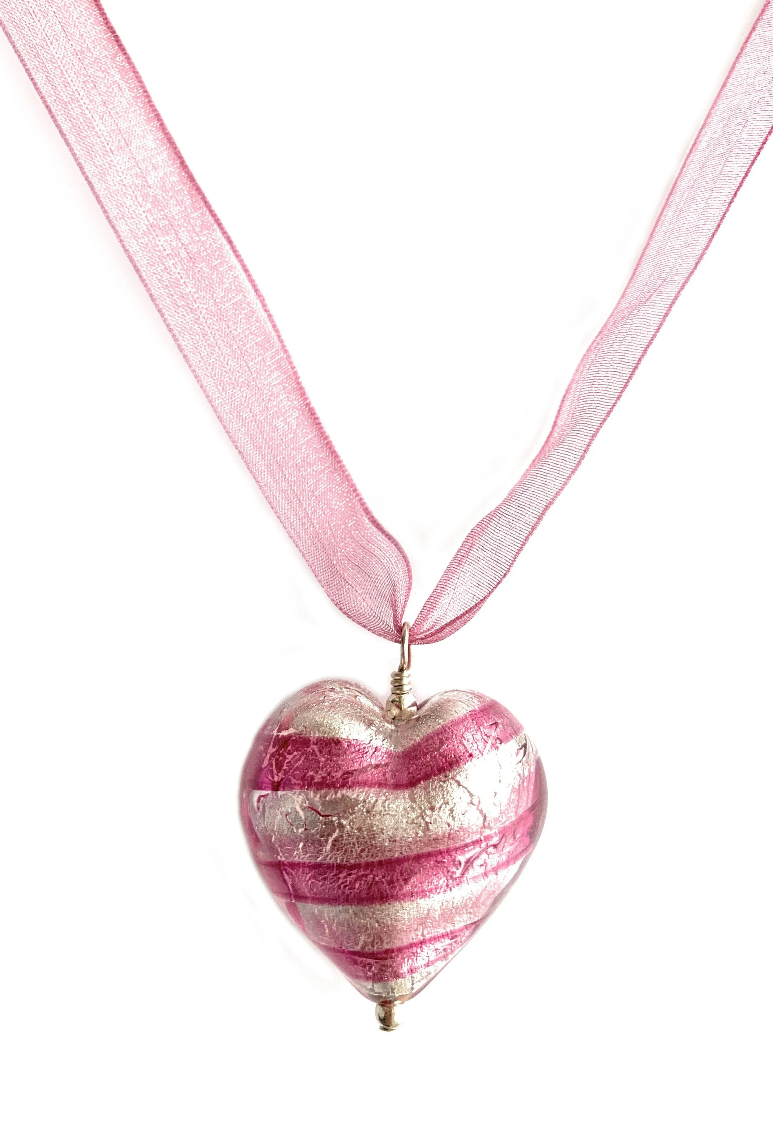 Necklace with candy stripe pink Murano glass large heart pendant on organza ribbon