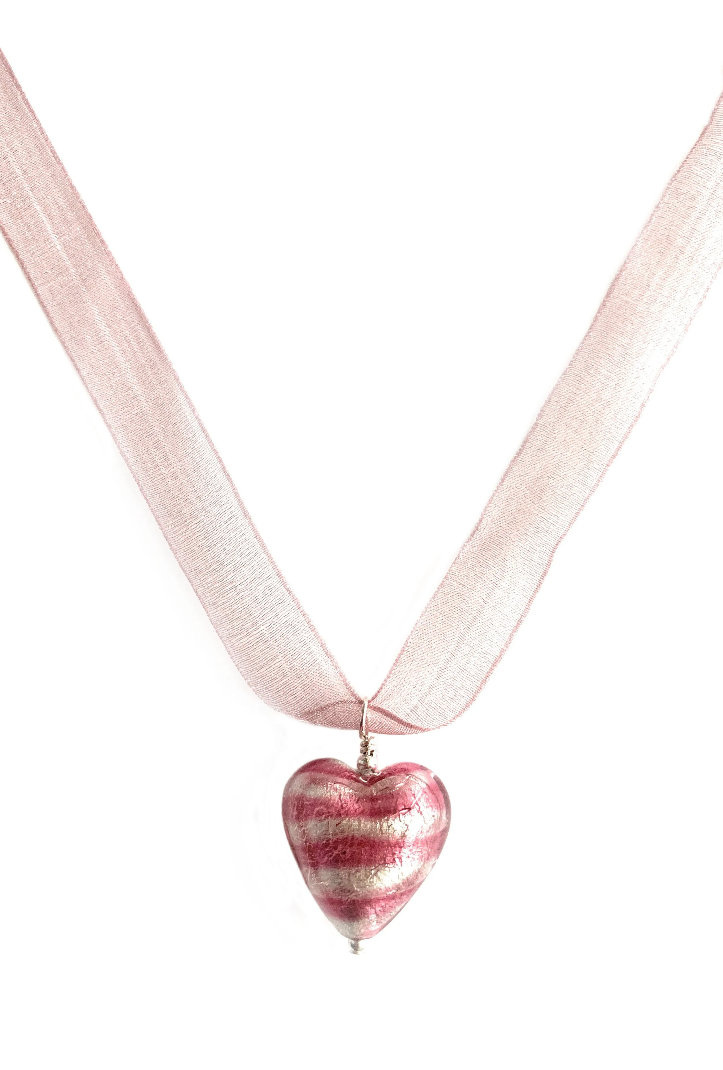 Necklace with candy stripe pink Murano glass medium heart pendant on organza ribbon