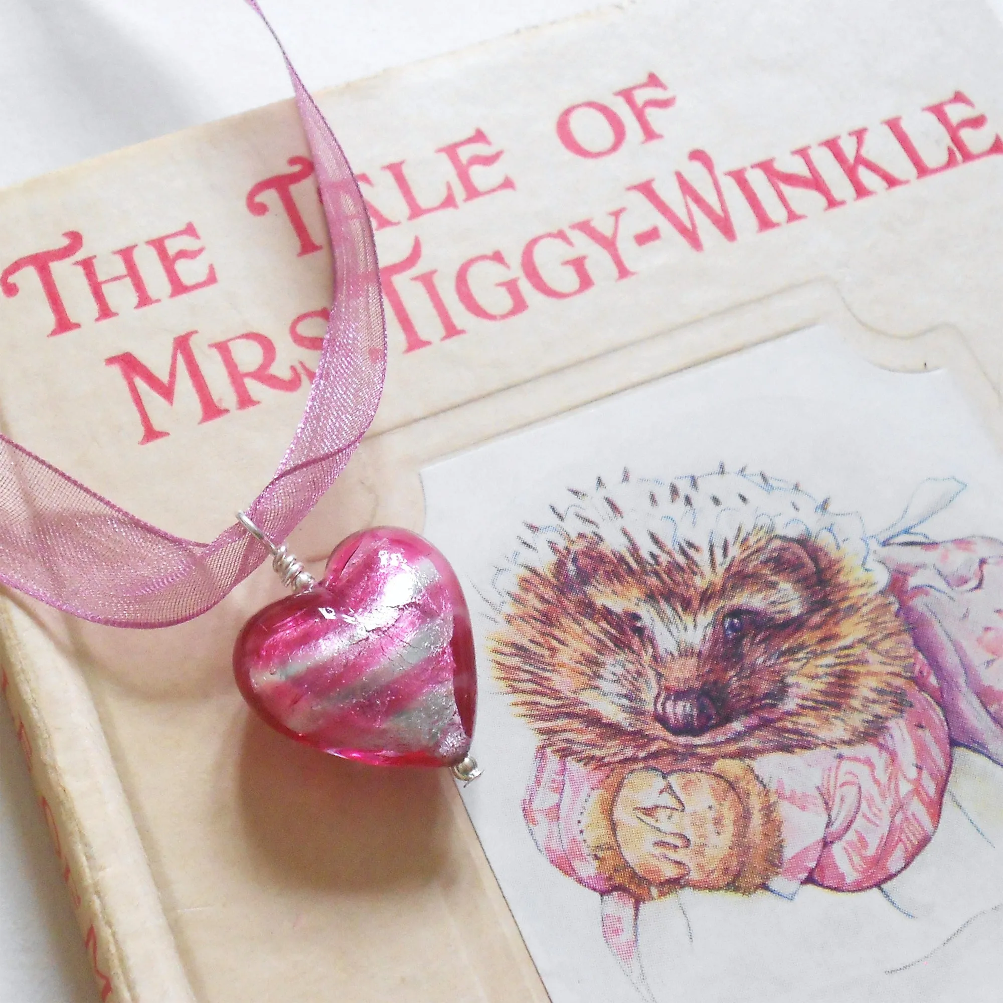 Necklace with candy stripe pink Murano glass medium heart pendant on organza ribbon