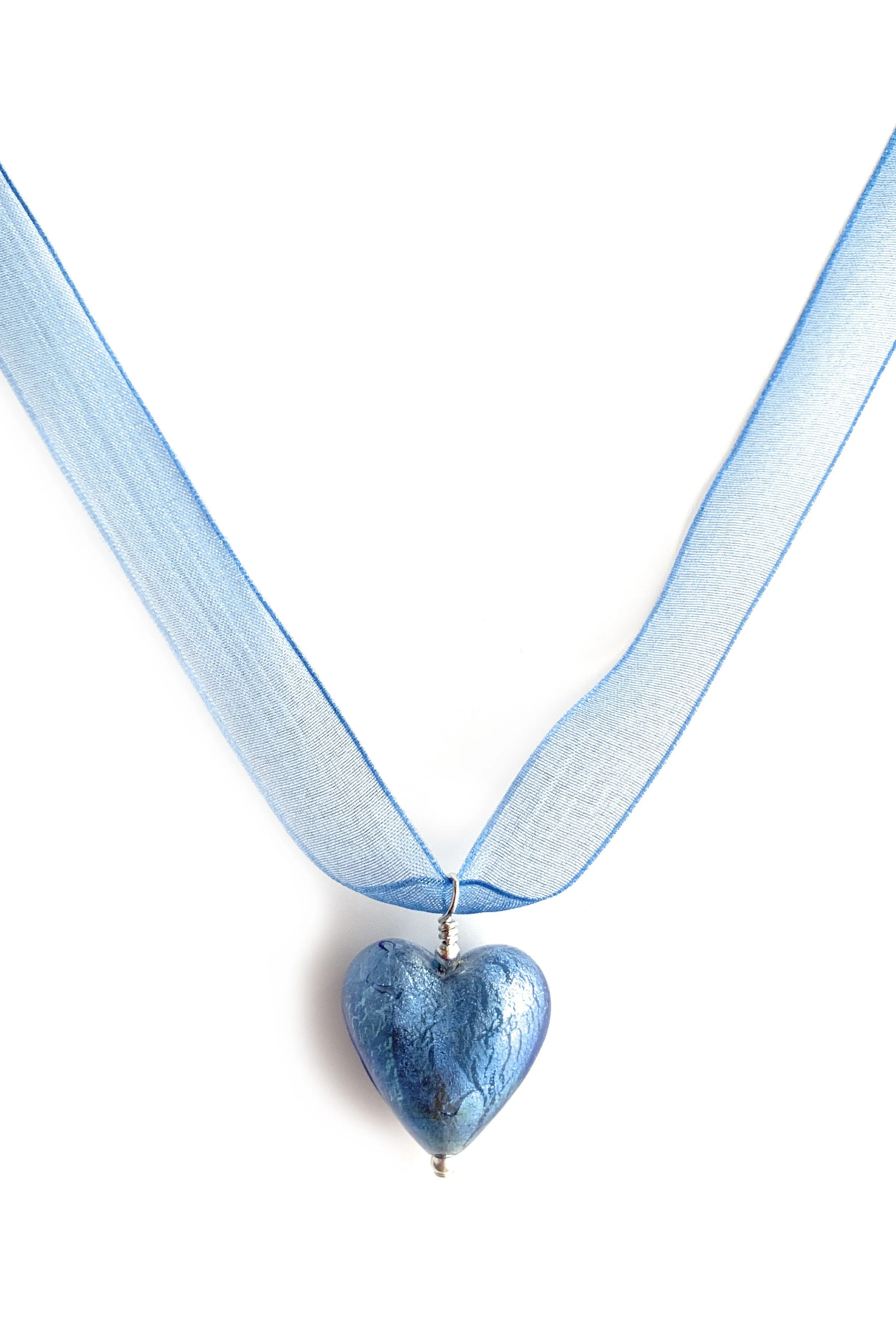 Necklace with cornflower blue Murano glass medium heart pendant on organza ribbon