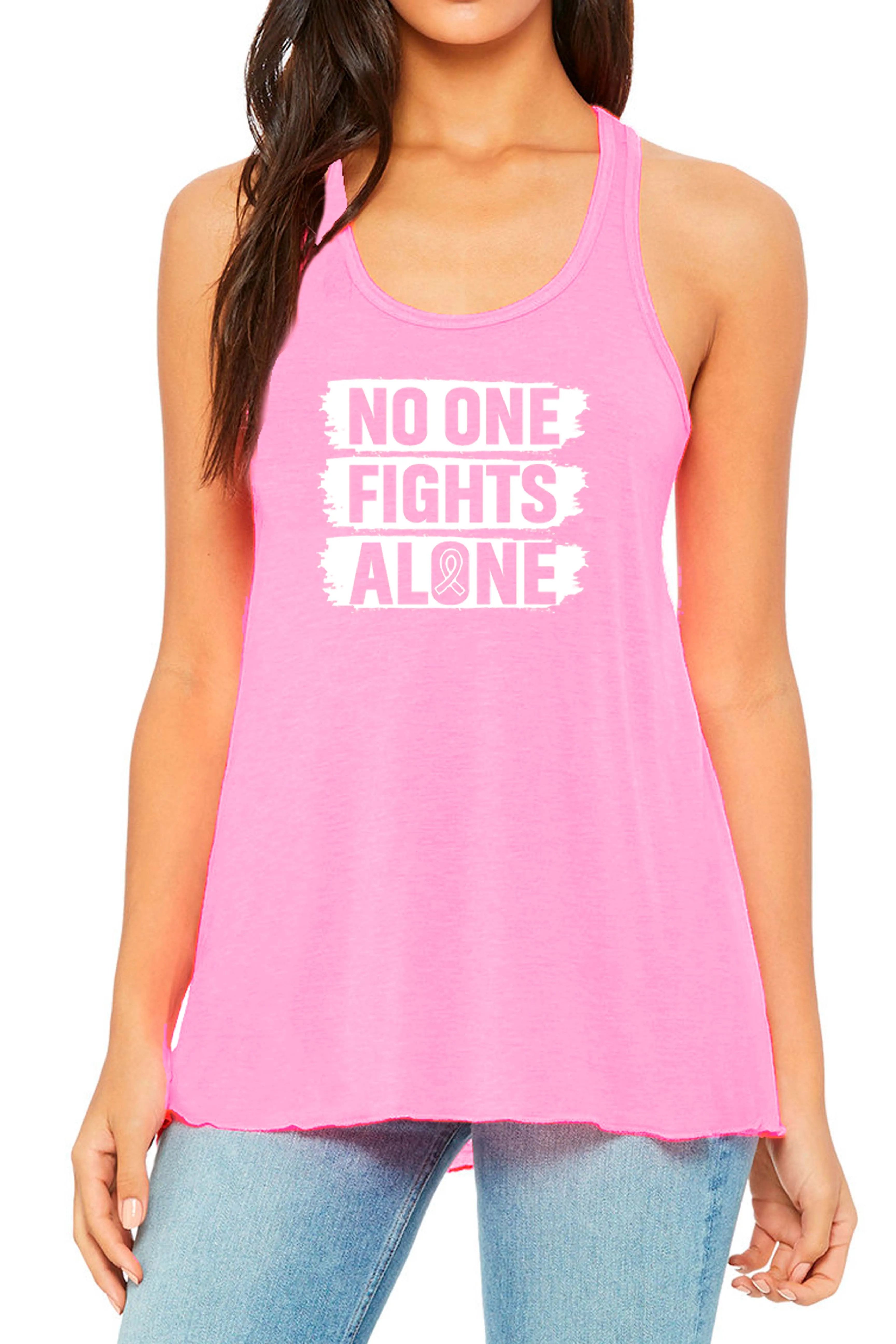 "No One Fights Alone" Pink Ribbon Gathered Back Tank - Pink