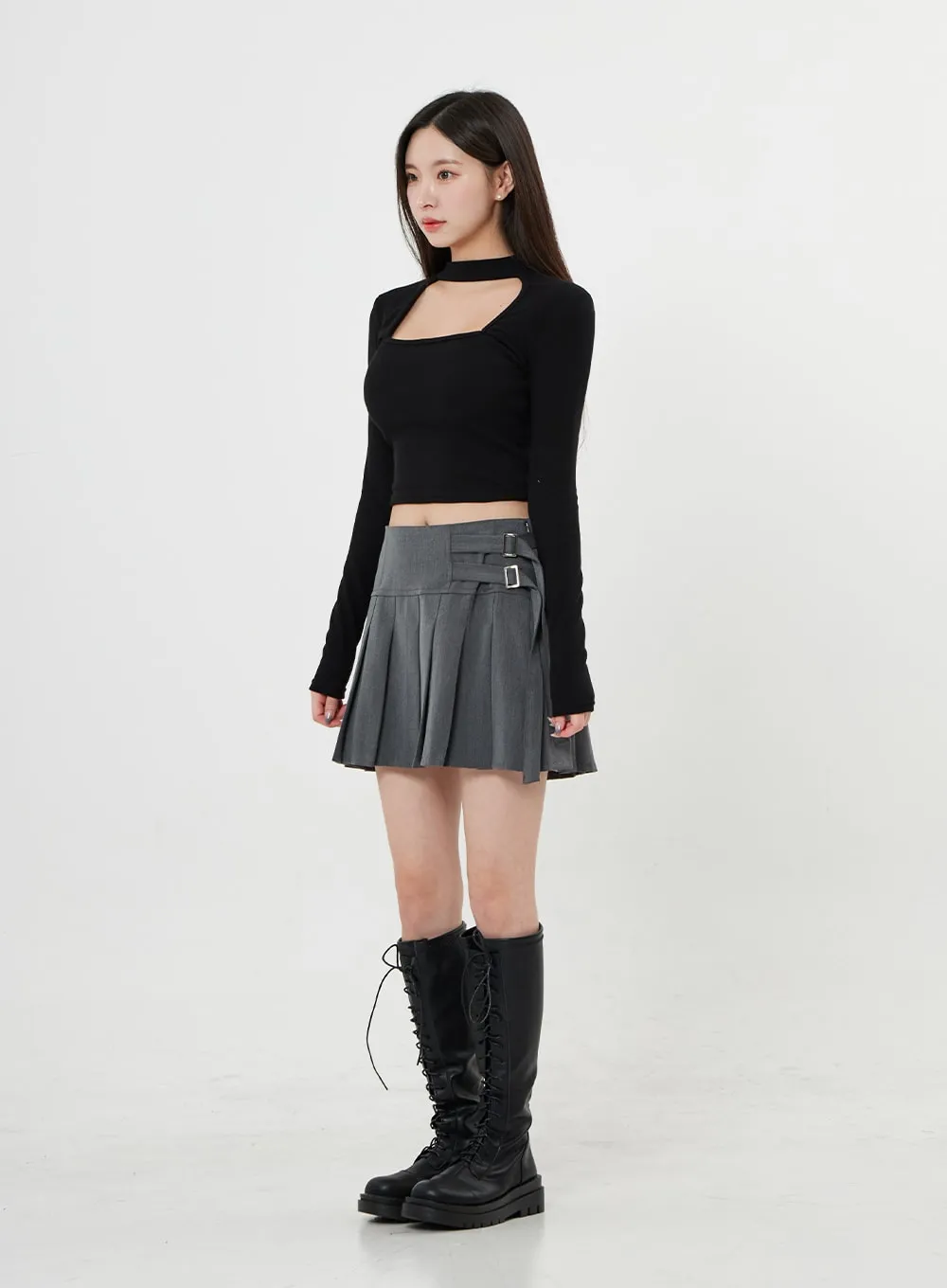 Two Side Belt Pleated Mini Skirt BO27