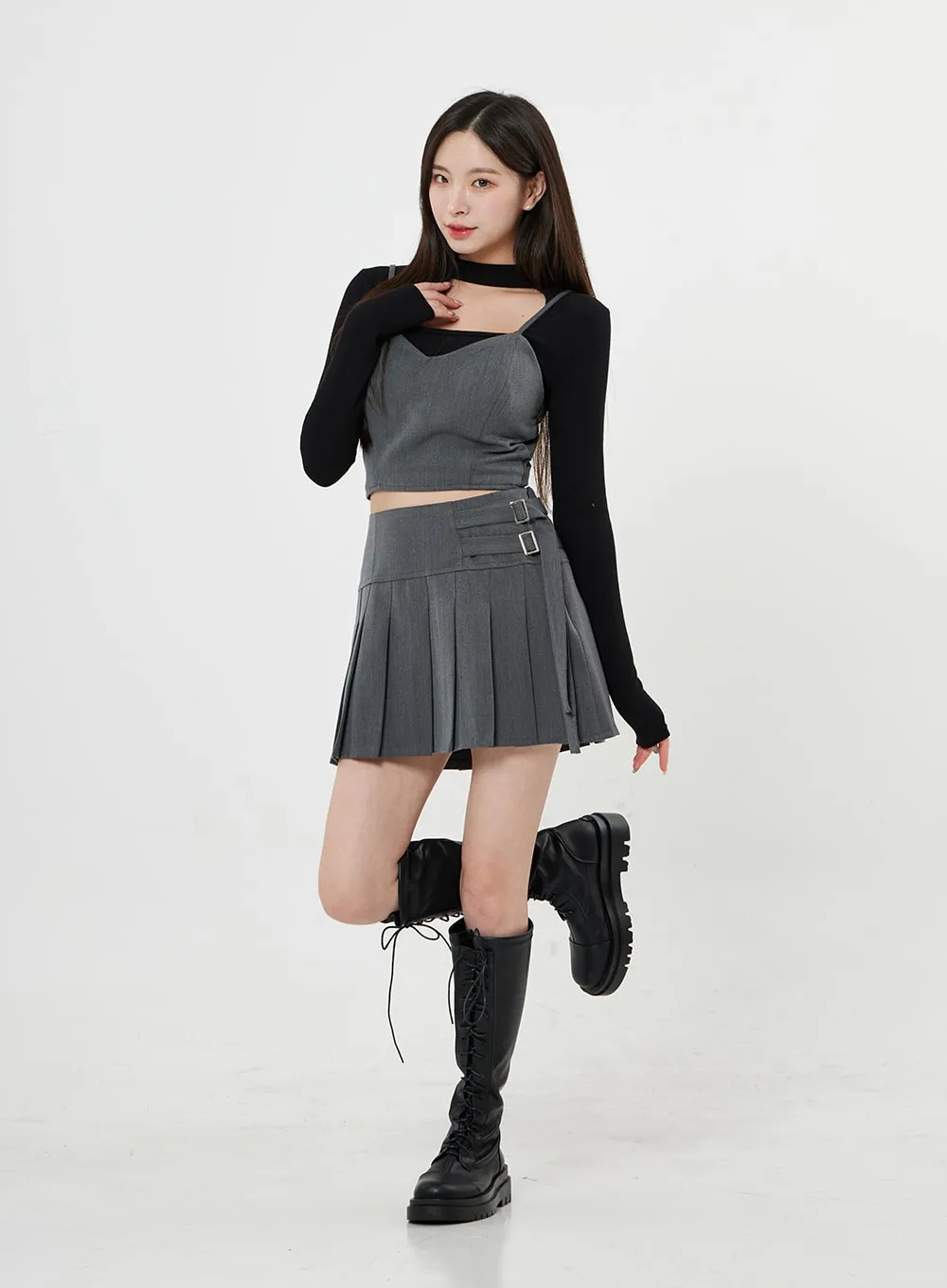 Two Side Belt Pleated Mini Skirt BO27