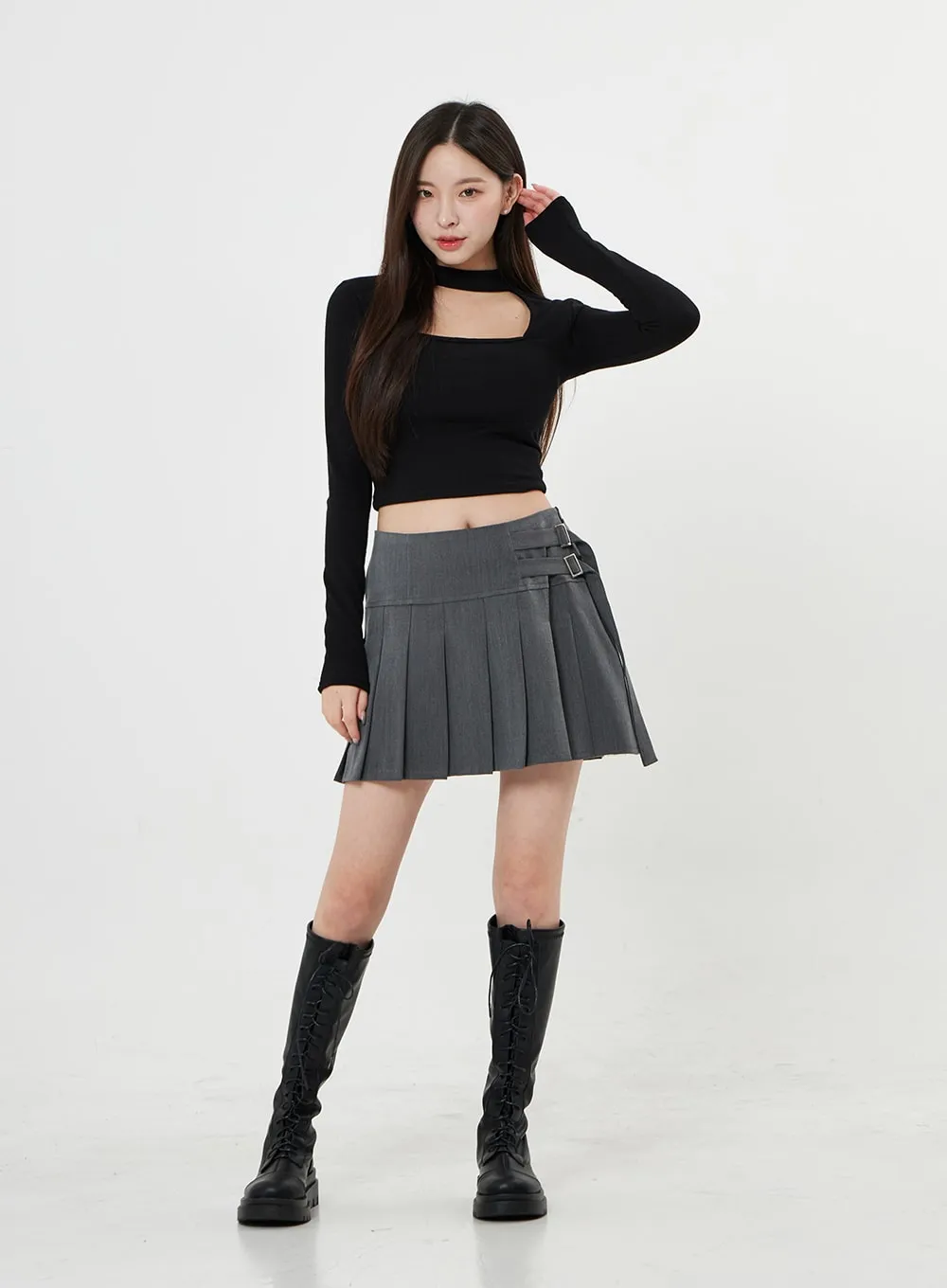 Two Side Belt Pleated Mini Skirt BO27