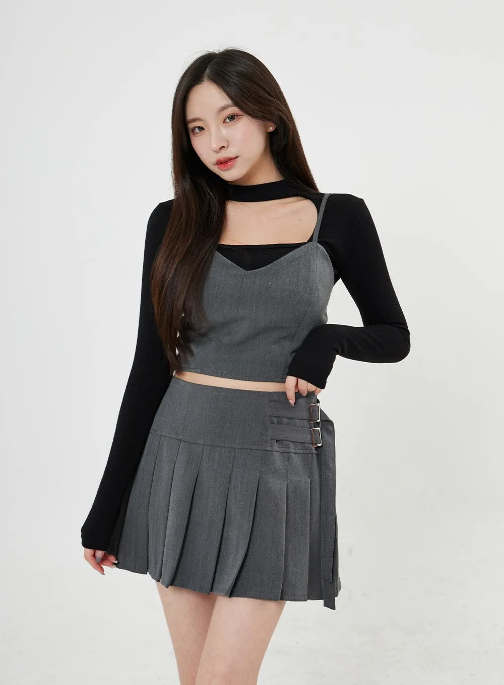 Two Side Belt Pleated Mini Skirt BO27