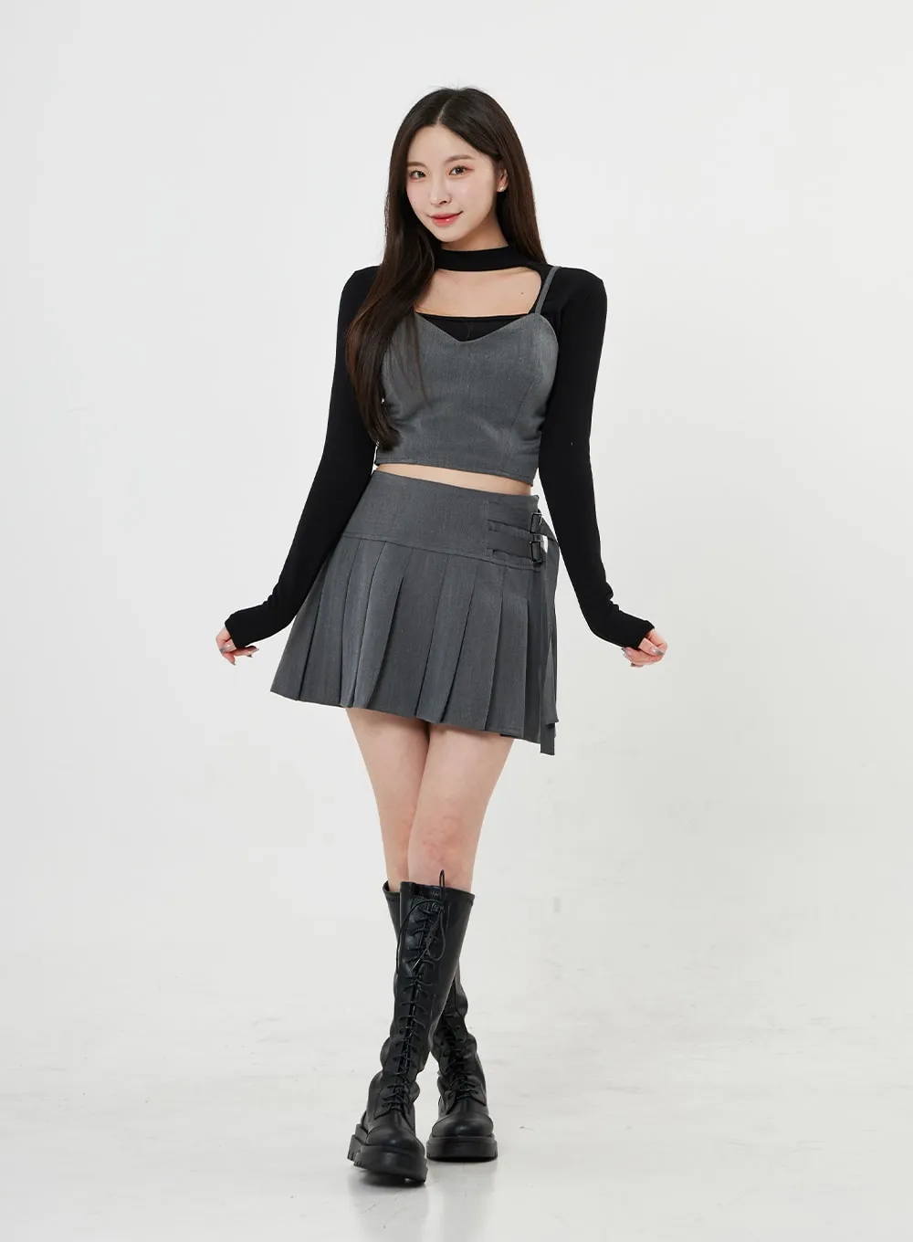 Two Side Belt Pleated Mini Skirt BO27