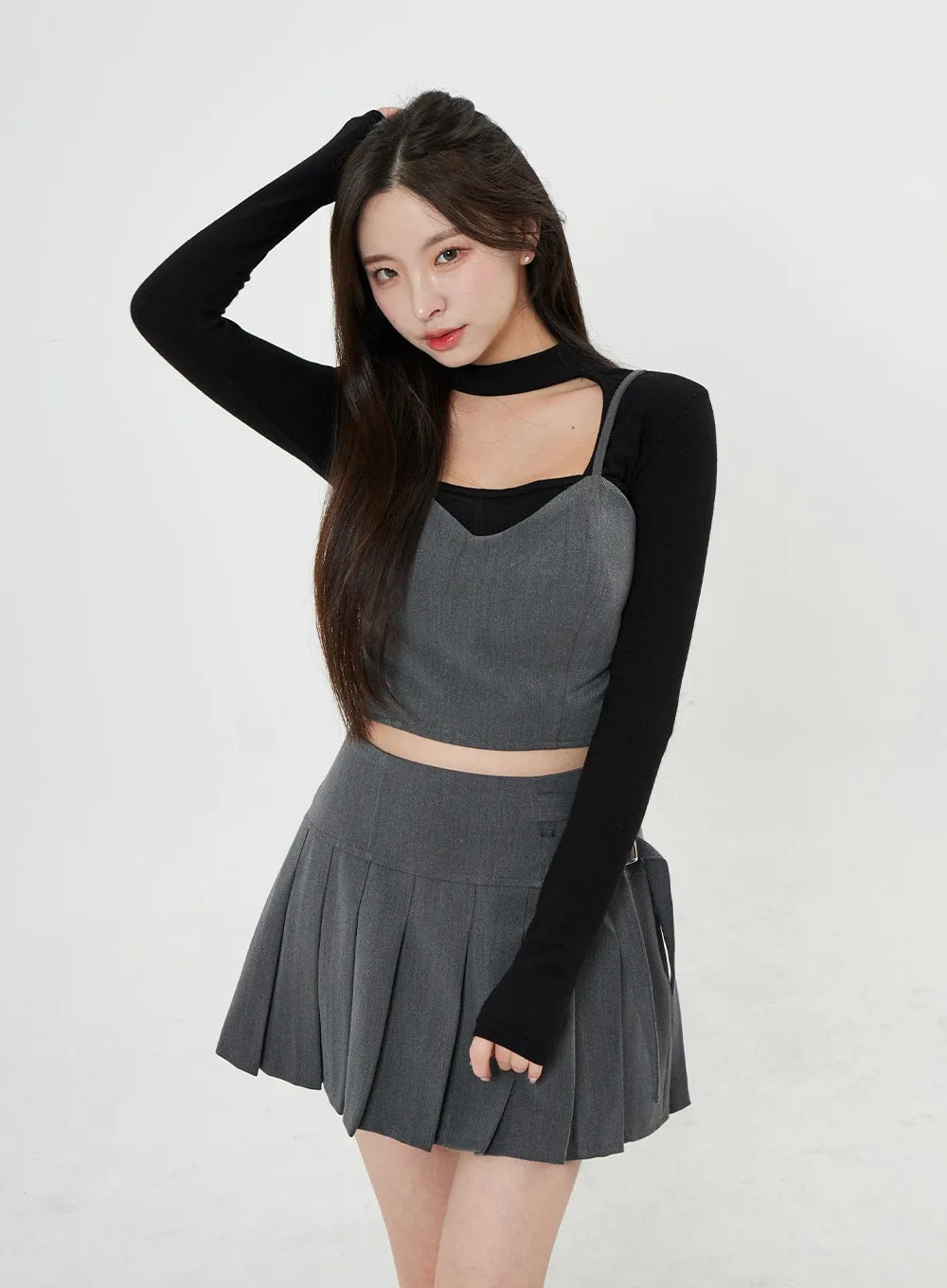 Two Side Belt Pleated Mini Skirt BO27