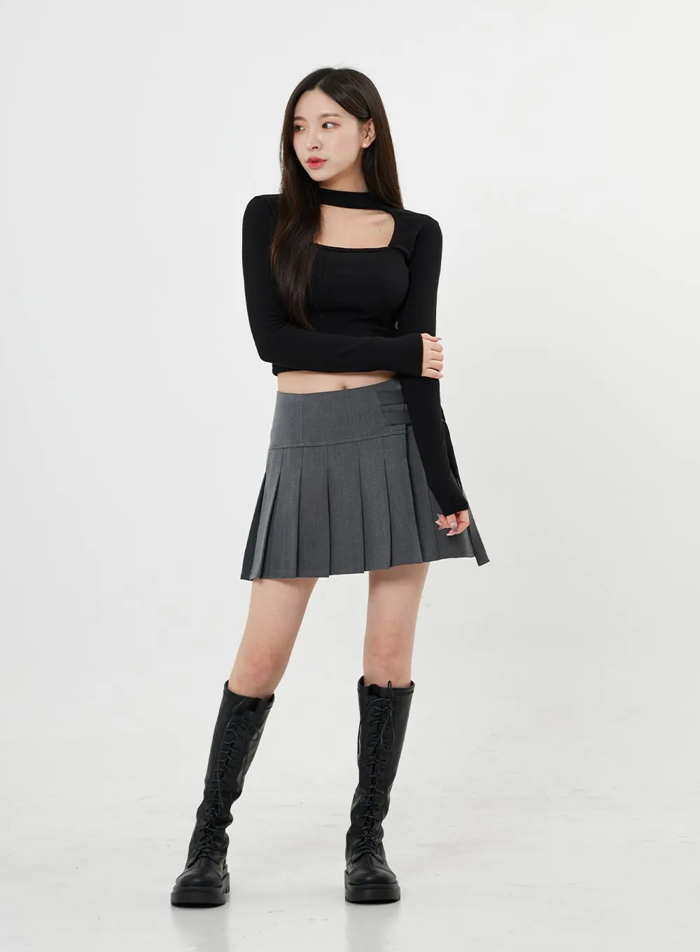 Two Side Belt Pleated Mini Skirt BO27