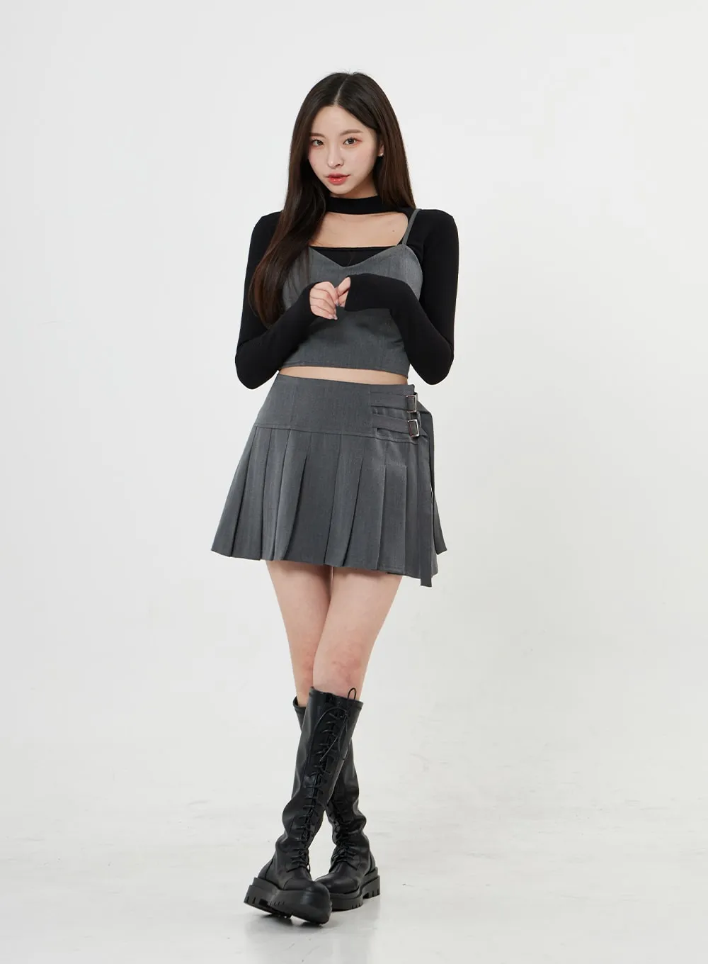 Two Side Belt Pleated Mini Skirt BO27