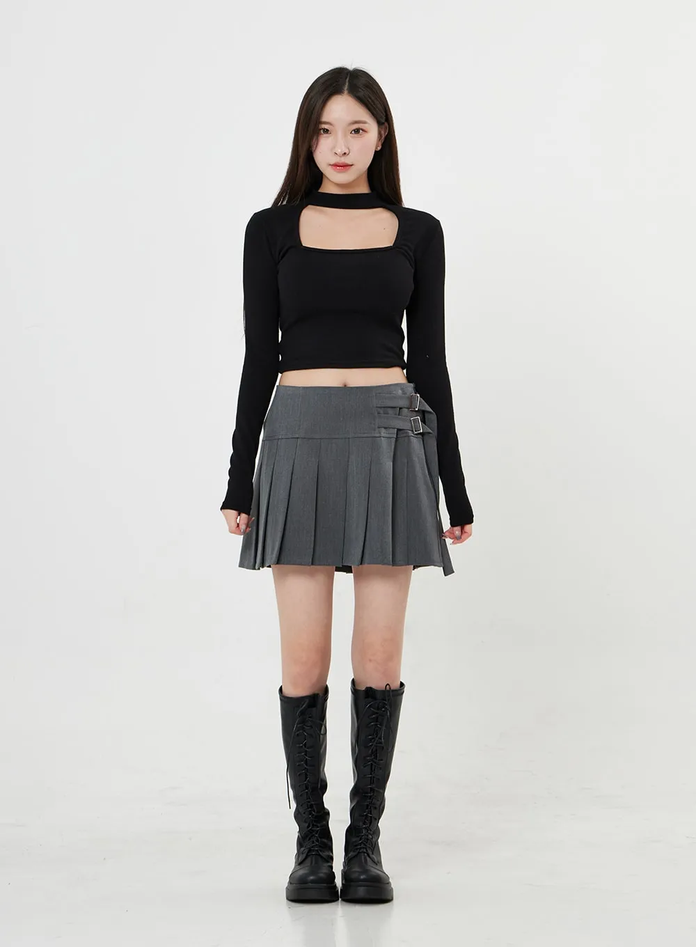 Two Side Belt Pleated Mini Skirt BO27