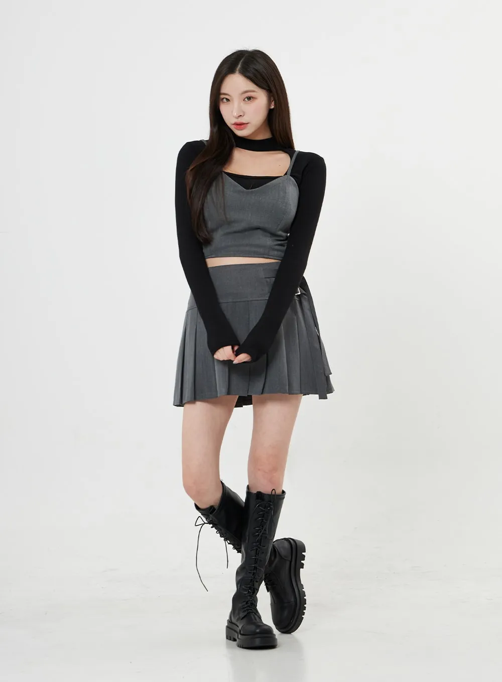 Two Side Belt Pleated Mini Skirt BO27