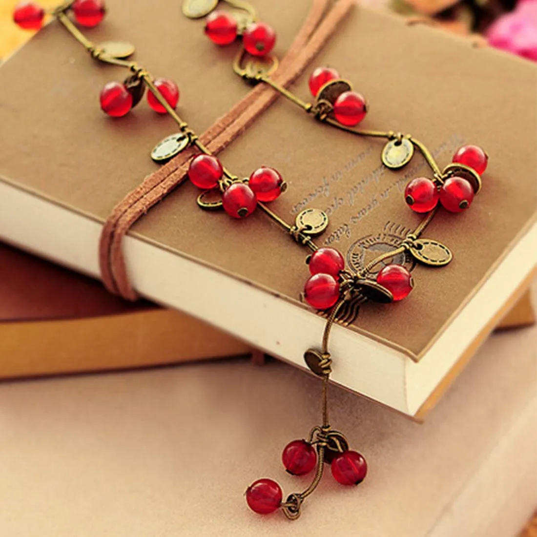 Yellow Chimes Exquisite Design Bohemain Beautiful Fresh Red Cherry Beads Sweater Long Chain Necklace for Women and Girl's