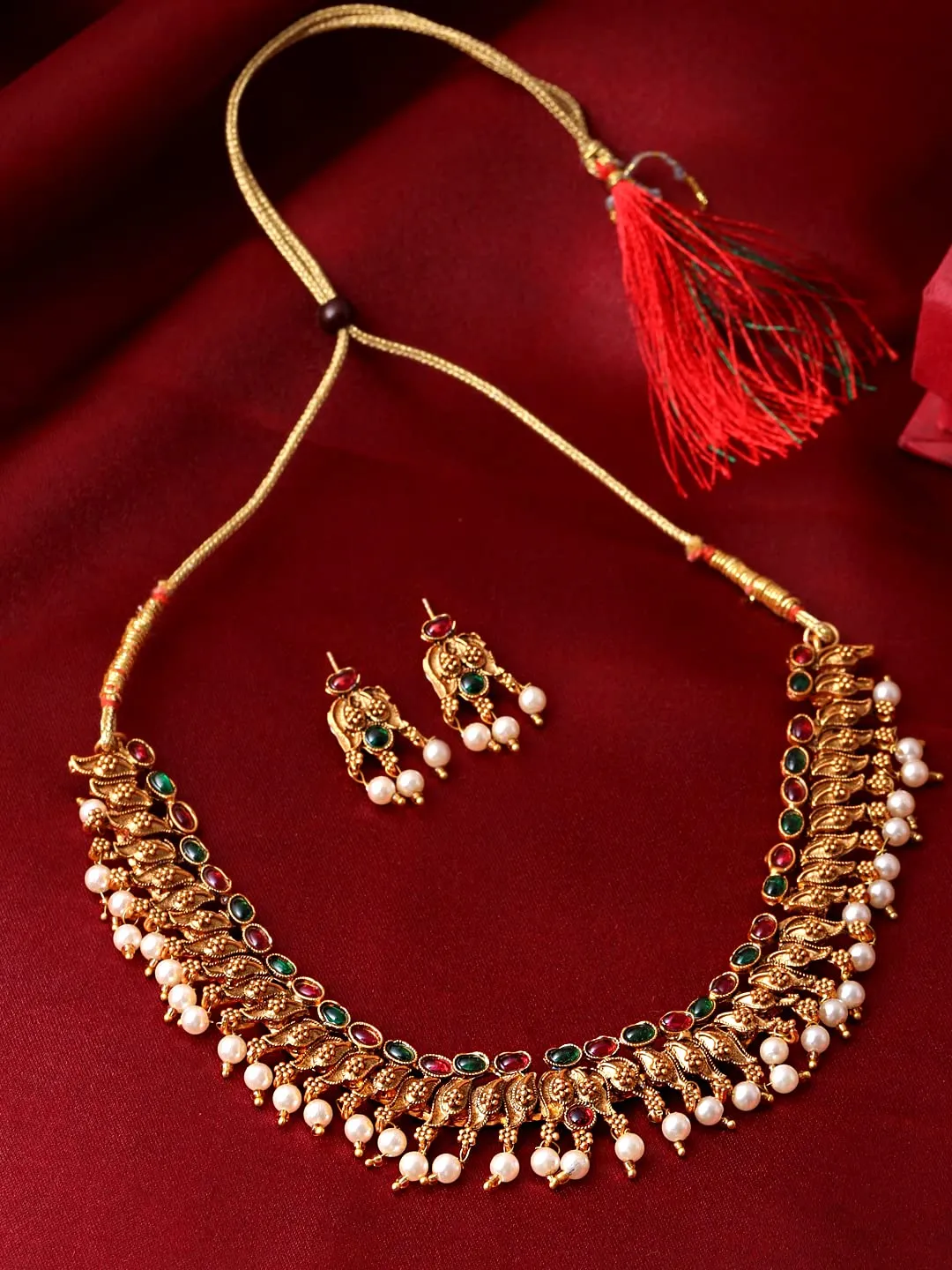 Yellow Chimes Jewellery Set for Women Gold Plated Beads Drop Designed Bridal Choker Necklace Set for Women and Girls